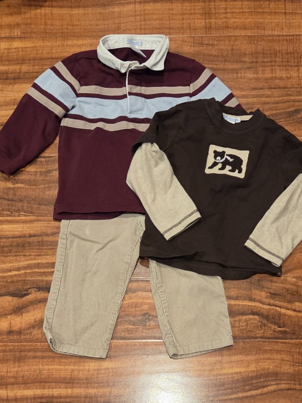 Janie and Jack EUC 2T Burgundy/Blue Colorblock Polo, Bear Top and Corduroy Pants